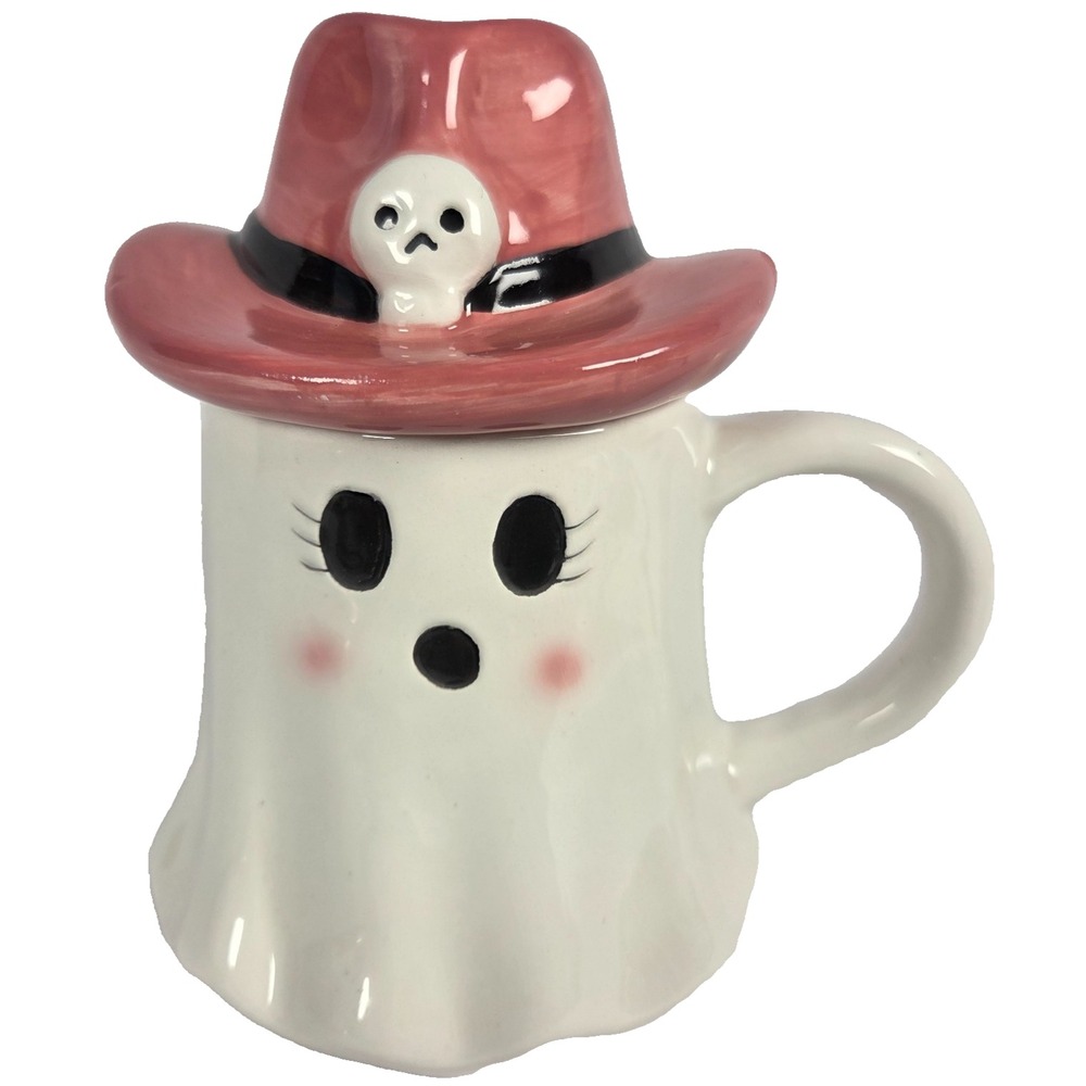 Booville Ghost Mug Pink Cowboy Hat Lid Ceramic Halloween Coffee Cup New